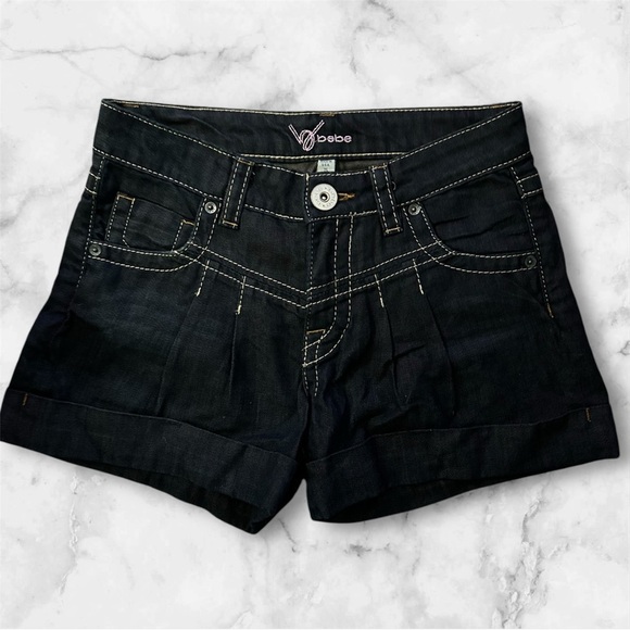 BEBE DOUBLE B STITCH LOGO DENIM PLEATED/CUFFED SHORTS SIZE 25 black 009 - Picture 1 of 2